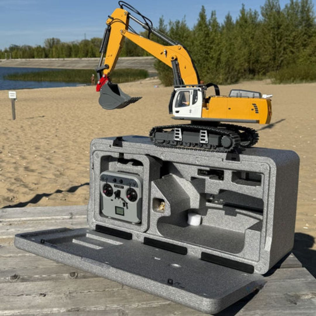 Escavadeira Hidráulica RC 1/18 – 4 em 1 (Metal Completo, 23 Funções, Luzes, Som e Acessórios)