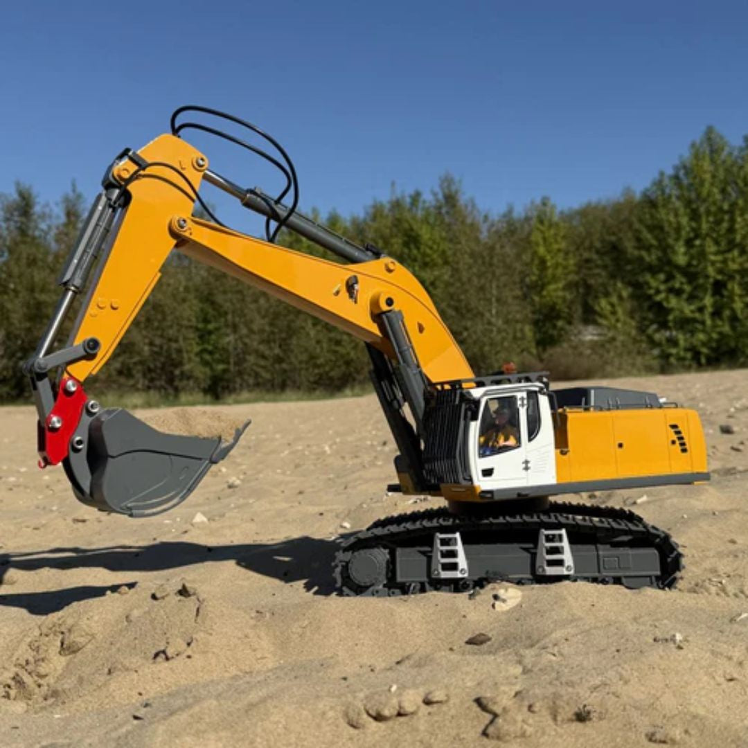 Escavadeira Hidráulica RC 1/18 – 4 em 1 (Metal Completo, 23 Funções, Luzes, Som e Acessórios)