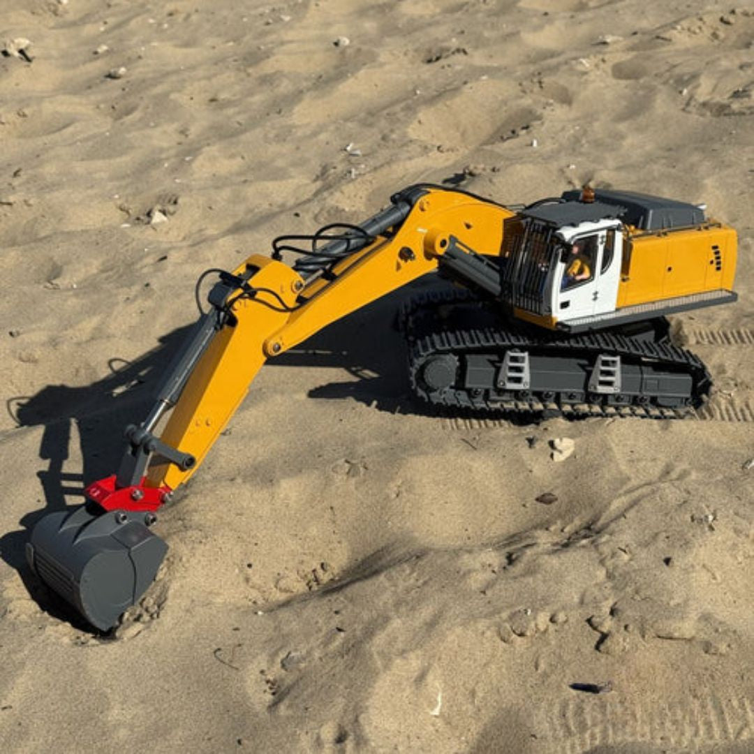 Escavadeira Hidráulica RC 1/18 – 4 em 1 (Metal Completo, 23 Funções, Luzes, Som e Acessórios)