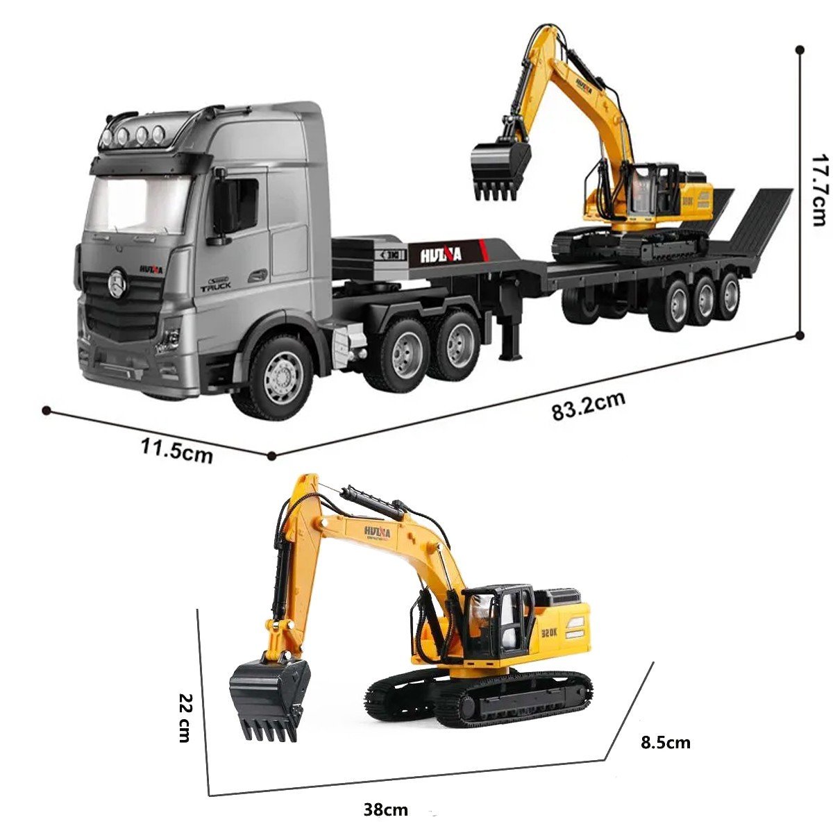 Caminhão Carreteiro + Escavadeira RC – Escala 1/18 (Combo Profissional)