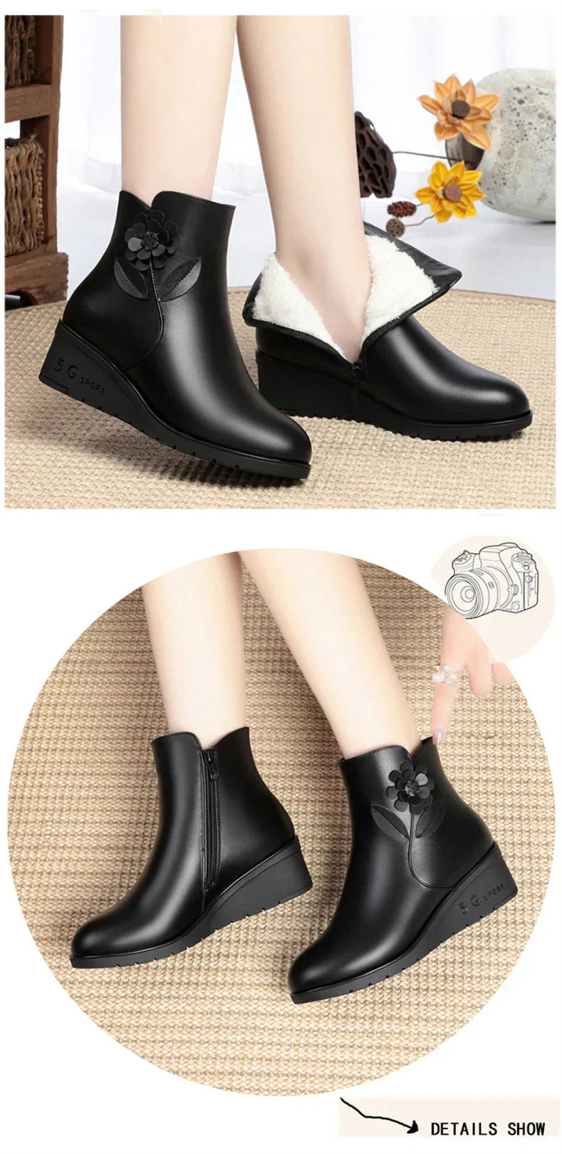 Bota Casual de Couro Pelúciada Flower