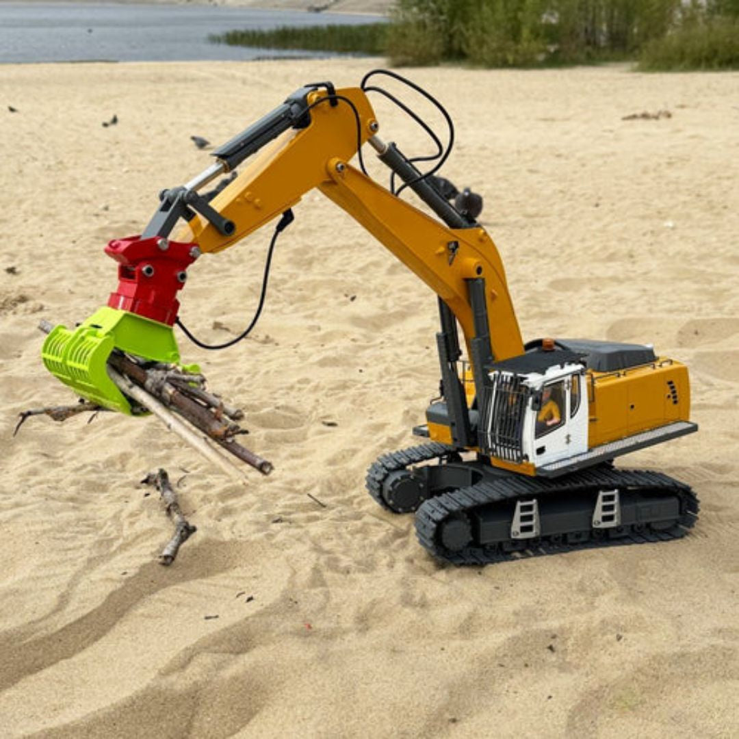 Escavadeira Hidráulica RC 1/18 – 4 em 1 (Metal Completo, 23 Funções, Luzes, Som e Acessórios)