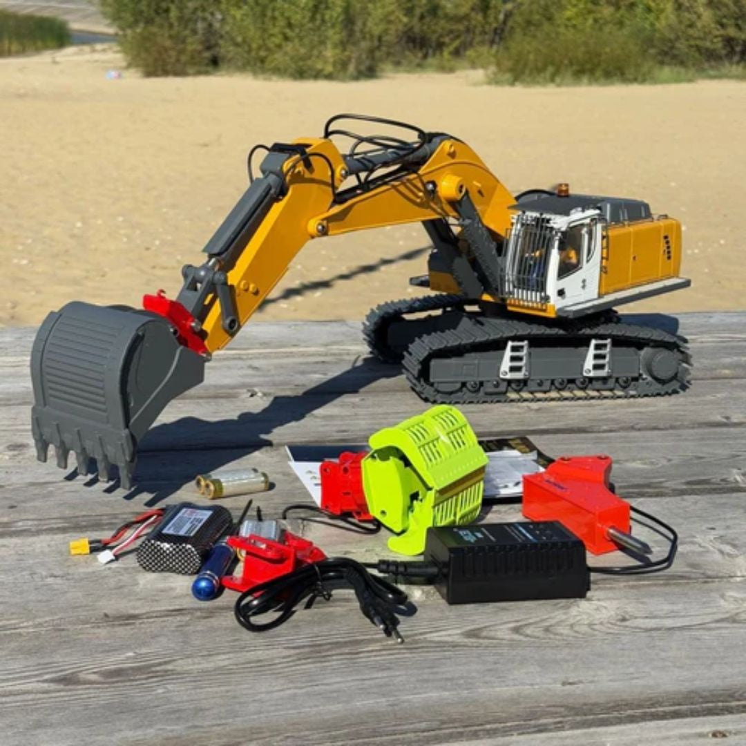 Escavadeira Hidráulica RC 1/18 – 4 em 1 (Metal Completo, 23 Funções, Luzes, Som e Acessórios)