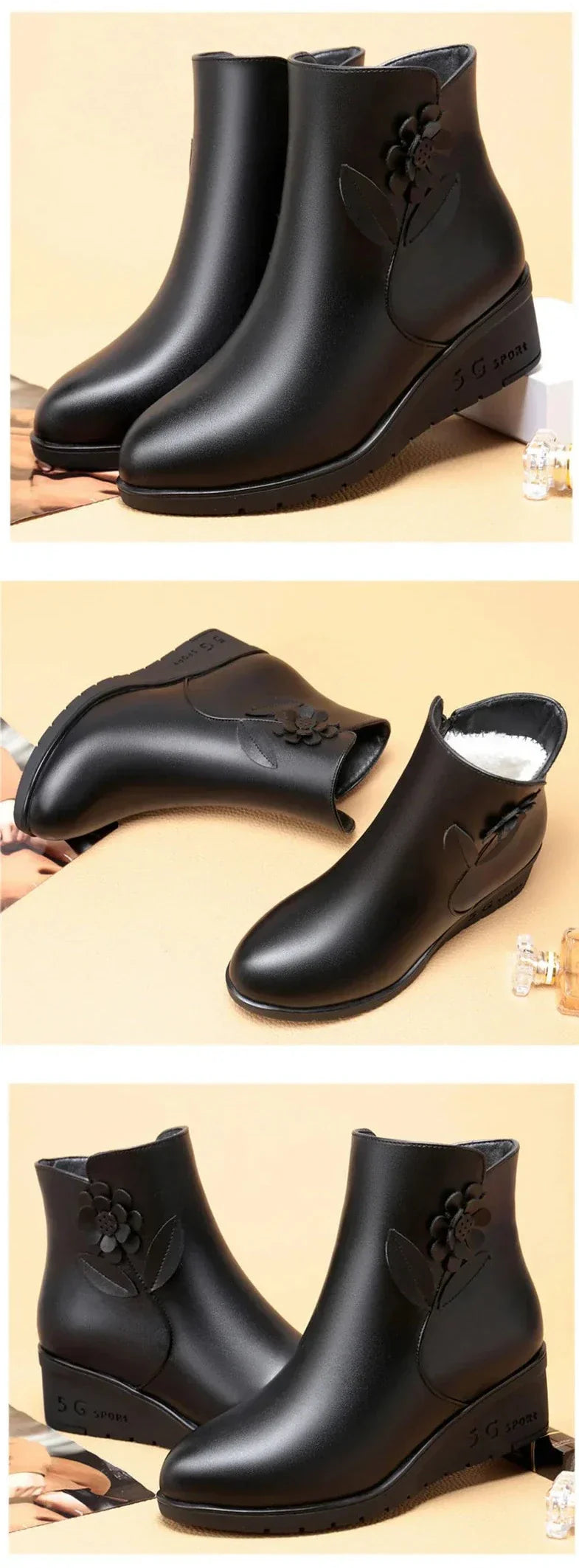 Bota Casual de Couro Pelúciada Flower